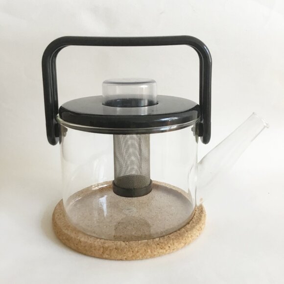 Vintage Bodum Bistro Glass Infuser Tea Pot Glass Black Kettle Space Age Denmark - Picture 4 of 12